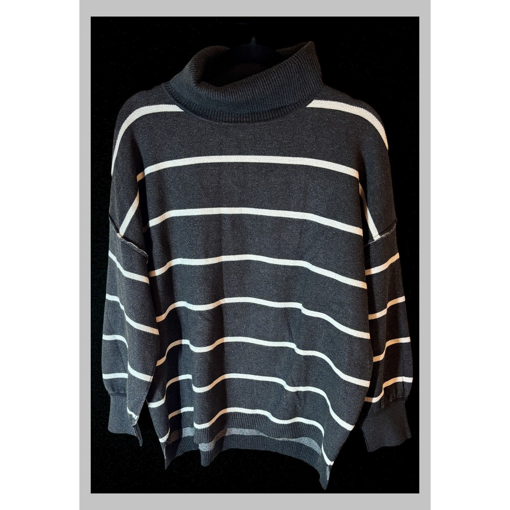 Olive + Oak Striped Turtleneck Sweater Charcoal Gray White XL